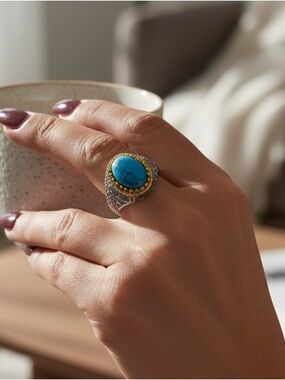 Turquoise Center Gold-Trim Statement Ring
